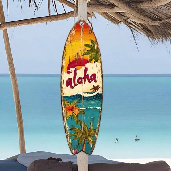 1pc Bohemian Surfboard Shaped Wooden Sign 40cm - Vibrant Tropical Beach And Pool Decor, "Aloha" Welcome Art For Outdoor Wall Or Backyard, Perfect Summer Gift, No Power Required, Made Of Durable Faux Wood, Tropical Welcome Sign Bohemian Decorative Sign, Beach Themed Decor