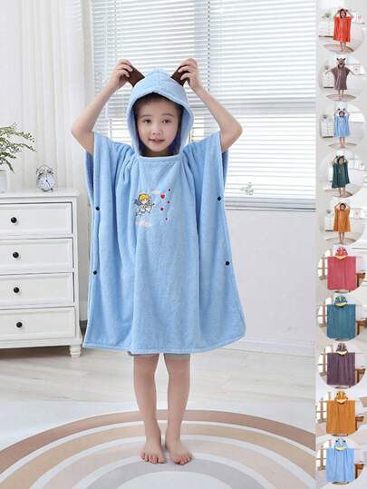 1 Pc Plush Coral Fleece Cartoon Embroidery Pattern Cloak Hooded Towel For Kids, Ultrasoft & Absorbent Bath Towel For Kids, Surf Poncho Kids Changing Towel Quick Dry Pool Swim Beach Towel With Hood ,Warm Gift For Boys And Girls, Back To School