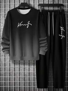 Men's Gradient Letter "King" Print Comfortable Crew Neck Sweatshirt And Pants Set - Multicolor - View 2