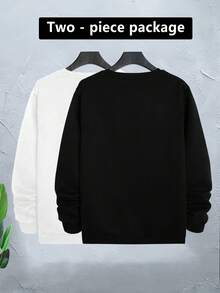2pcs/Set Men's Solid Color Drop Shoulder Long Sleeve Casual Loose Crew Neck Sweatshirt - Black and White - View 3
