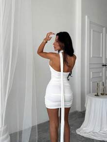 Damen elegant einfarbiges rückenfreies Abendkleid mit gerafftem Saum, geeignet für Hochzeit und formelle Dinners - Weiss - Übersicht 3
