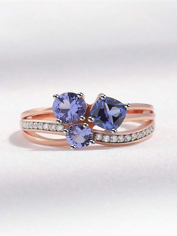 925 Sterling Silver Rose Gold Plated Tanzanite Ring, Purple Blue Gemstone, Braided Dreamlike Design, Suitable For Dates, Parties, Anniversaries, Banquets And More Occasions