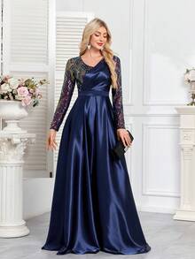 hezixi High Quality Elastic Sequin V-Neck Cover Sleeves With Slim Fit And Fishtail Hem Design, Featuring A Solid Elegant And Luxurious Long Dress For Women,Making Women Younger And More Charming,Suitable For Various Parties, Graduations, Weddings, Events And Various Banquets And Dancing Parties,Formal Ball Gown For Women (Deluxe Edition) - Navy Blue - View 6