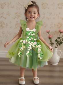 Girls A-Line Dress, Fly Sleeve Flowers Tulle Dress Summer Princess Dress For Birthday Party - 綠色 - 查看 2