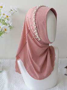 1pc Girls Beaded Solid Color Soft Headscarf, Comfortable Loose Fit Hijab Scarf - White Beaded Headscarf - View 15