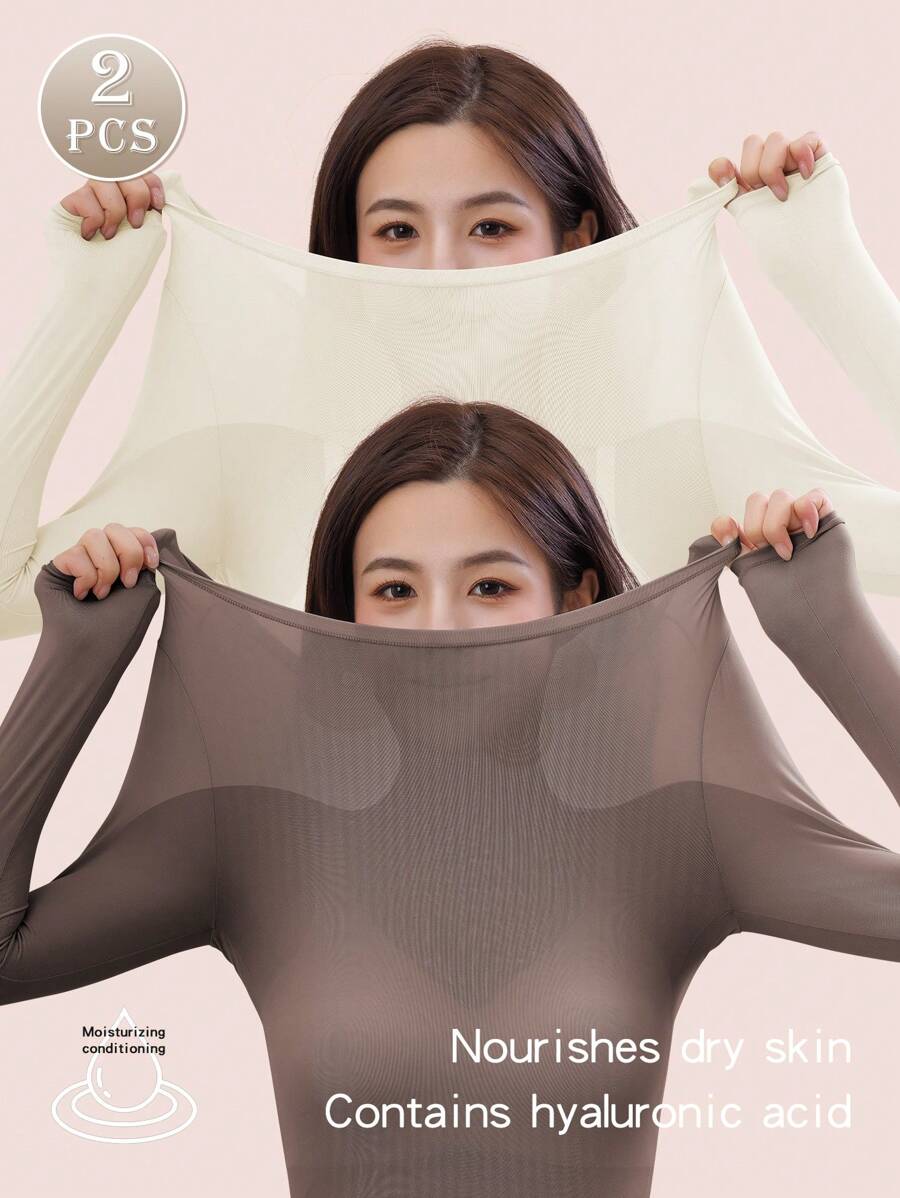 2pcs Women's Ultra-Thin Underwear Set, Soft & Comfortable Round Neck Long Sleeve Base Layer Top, Hyaluronic Acid Skin-Friendly Seamless Skin-Friendly Shirt, Comfortable Fabric Suitable For Underwear And Sleepwear - Multicolor - View 1