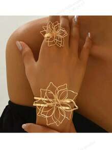 Fashionable Hollow Flower Petal Bracelet & Ring Set - Yellow Gold - View 2