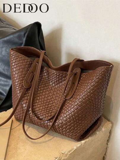 Dedoo Women's Versatile Solid Color Woven Pattern PU Leather Handbag, Simple Large Capacity Top Handle Shoulder Bag, Casual Lightweight Commuter Tote Bag For Daily Office Work, Fashion Waterproof Square Outdoor Travel Storage Shopping Satchel Bags