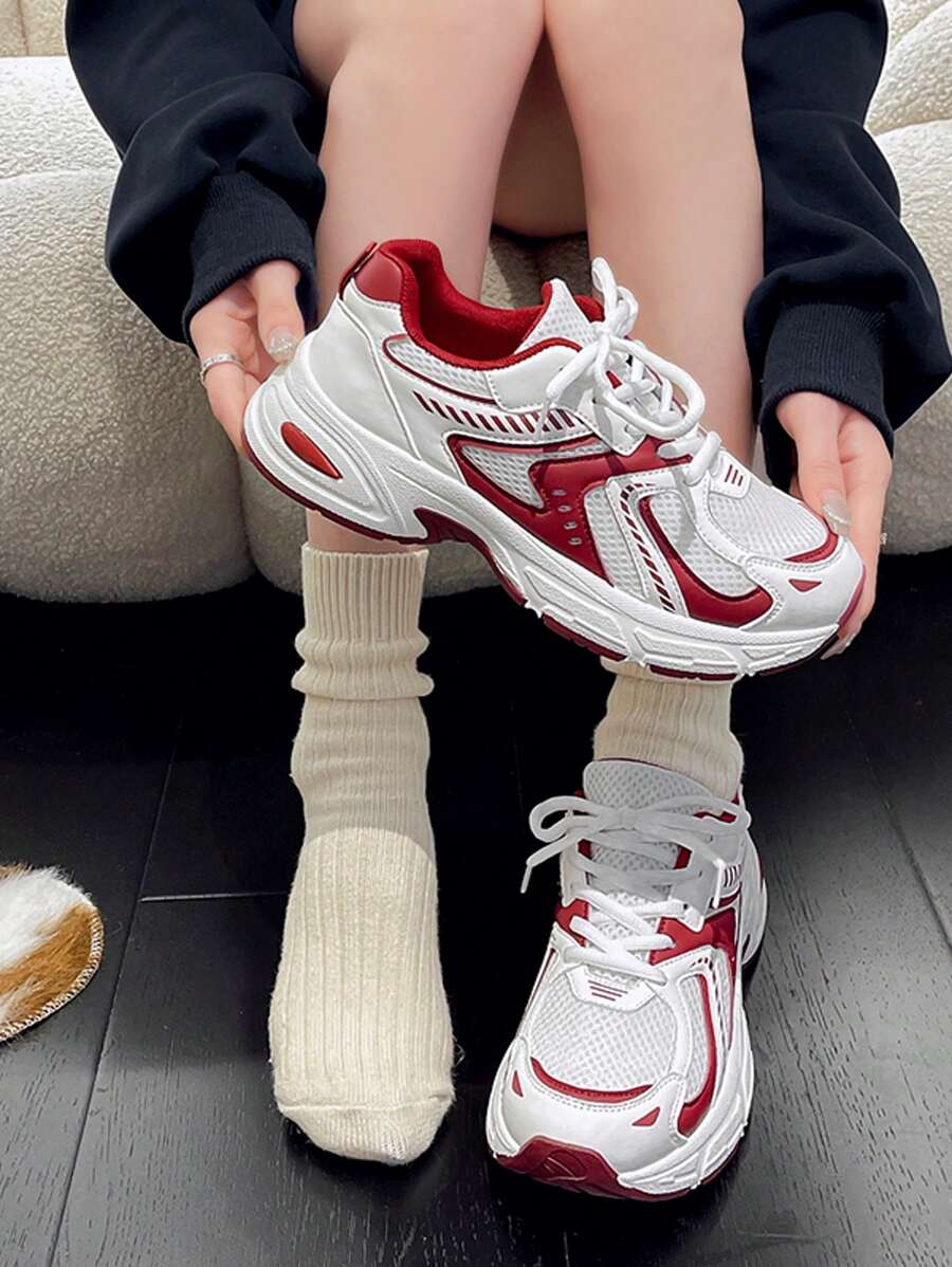 Retro Color Block Chunky Sneakers For Women, New Lightweight Breathable Casual Shoes, Platform Thick Sole Athletic Trainers