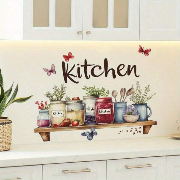 Self-Adhesive Kitchen Wall Sticker - Tropical Plants & Leaves Pattern, Multi-Surface Plastic Decal Suitable For Glass Bottles, No Residue Home Decor (Asymmetrical Shape, Glossy Effect), Kitchen Wall Sticker, Vibrant Butterfly Pattern Wallpaper Wall Paper Wall Stickers Wall Decor Room Decor Wallpaper Stickers Wall Bedroom Decor Kitchen Decor Halloween Halloween Decor