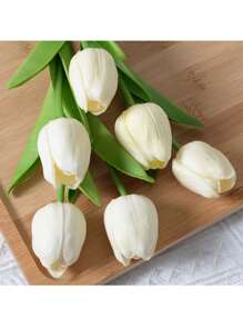 Light Yellow Exquisite Real Touch White Artificial Tulip Bouquets - For Bedroom, Living Room, Wedding, Party, Valentine's Day, Father's Day,Graduation And Mother's Day Gifts, Easter Decorations & Gifts For Girlfriends