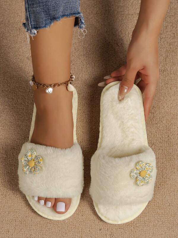 Fashionable Women's Bow Fluffy Design Casual Soft Comfortable Cute Slip-On Non-Slip Slippers