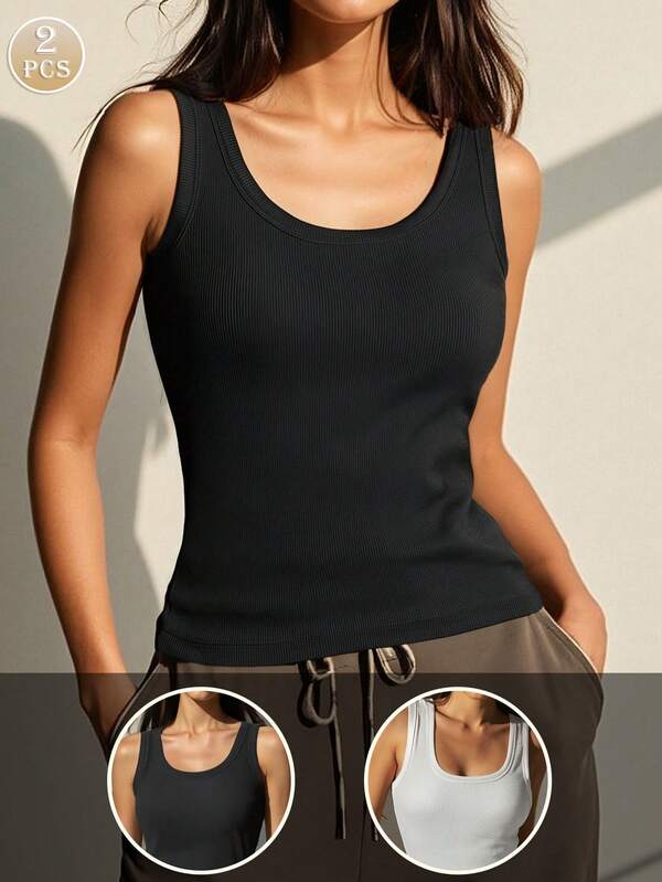2pcs/Set, Summer New Ribbed Round Neck Camisole, Women's Fashion Slim Fit Sleeveless Top, Can Be Worn Alone Or As Undershirt