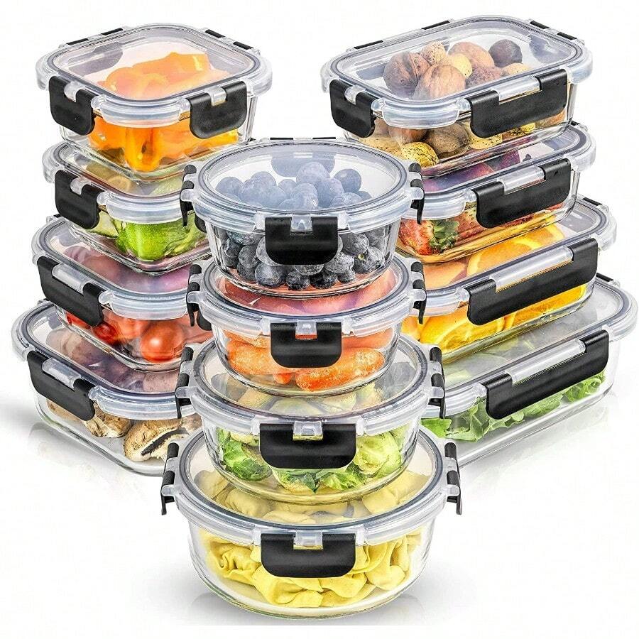 24 Piece Glass Storage Container Set Freezer Safe Food Containers With Leakproof Lid Meal Prep Jars - Black - View 1