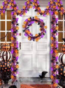 Decoraciones de Halloween, Guirnalda de Halloween de 2 metros con calabaza naranja, araña negra y murciélago morado, guirnalda de metal brillante retorcida para decoración del hogar, árbol, interior, exterior, fiestas, decoración de otoño