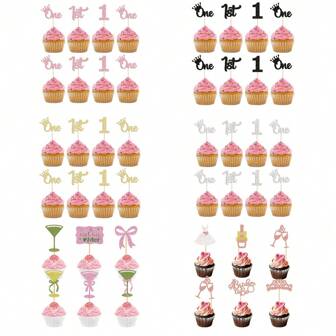 12 件单杯蛋糕装饰闪光 1 岁生日纸杯蛋糕装饰适用于婴儿洗礼 1 岁生日派对蛋糕装饰用品
