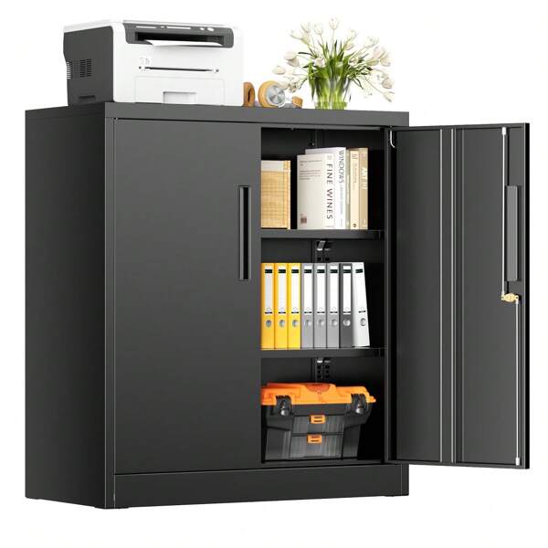 36" H Metal Storage Cabinet With Locking Doors And Adjustable Shelves, Lockable Metal Cabinet For Home Office, Garage, School, Black
