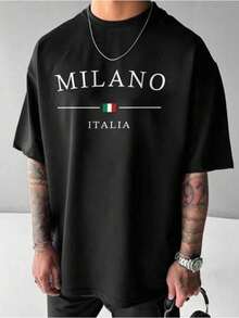 Men's Milano Italy Graphic Print Drop Shoulder T-Shirt - Relaxed Fit Round Neck Casual Summer Tee, Breathable Medium Stretch Fabric, Machine WashableStreet Impression Rock And Rap Printed T-Shirt-377T-Street Fun Summer Fashion T-Shirts2025 New T-Shirtsgraphic Tees - Black - View 1