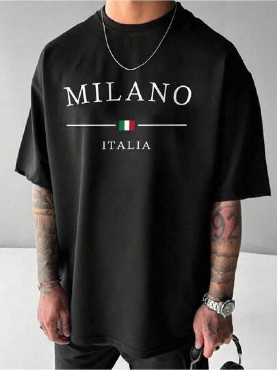 Men's Milano Italy Graphic Print Drop Shoulder T-Shirt - Relaxed Fit Round Neck Casual Summer Tee, Breathable Medium Stretch Fabric, Machine WashableStreet Impression Rock And Rap Printed T-Shirt-377T-Street Fun Summer Fashion T-Shirts2025 New T-Shirtsgraphic Tees - Black - View 1
