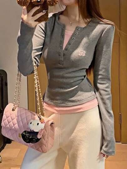 1 件女式修身长袖二合一 T 恤，灰色，秋冬分层上衣