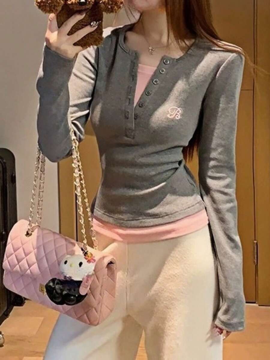 1 件女式修身长袖二合一 T 恤，灰色，秋冬分层上衣