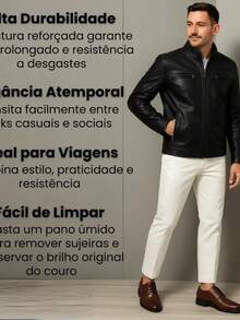 Men's Slim Lined Leather Jacket - 黑色 - 查看 2