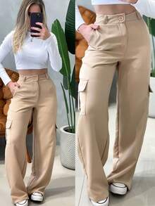 Women's Tailored Cargo Pants With Side Pockets - Cream - View 2
