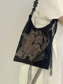 Vintage Chinese Style Batik Rose Flower Pleated Underarm Commute Tote Bag, Large Capacity Shoulder Handbag For Daily Use - Black - View 6