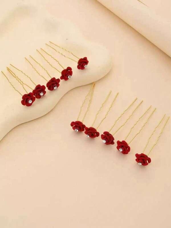 10pcs Classic Romantic Elegant U Shape Hair Clips, Red Rose & WhiteFlower & Faux Pearl Basic Hair Clips, Women Girls Casual PartyWedding Decors, Princess Fairy Style Fresh Hair Accessories, Gift PhotoProps
