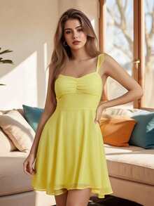 Vestido mini de verano para mujer, color liso, sin mangas, espalda abierta, cintura fruncida, vestido de malla - Amarillo - Ver 7