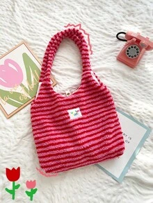 Women Shoulder Bags - 毛絨條紋單肩包-紅色 - 查看 1