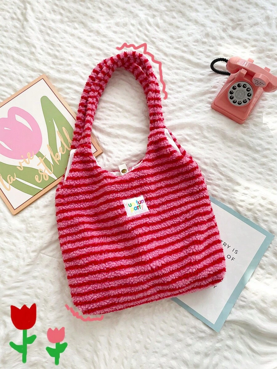 Women Shoulder Bags - 毛絨條紋單肩包-紅色 - 查看 1