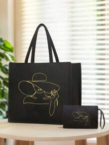 印花手提袋，金色印花女士手提袋套装，手提袋和化妆包，轻便大容量手提袋，可重复使用购物袋，便携式旅行沙滩包（含化妆包），生日礼物，教师节礼物，护士节礼物，周年纪念礼物，最佳礼物，度假风字母设计购物袋 - 彩色 - 查看 9