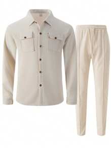 2 件男士休闲纯色衬衫，带双口袋和领子 + 裤子套装，轻便运动度假装，春秋季