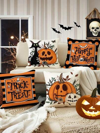 4pcs/1pc Retro Halloween Party Decoration Pillow Cover - Trick Or Treat Pumpkin Black Cat Design, 18x18in Soft Polyester Zipper Closed Cushion Cover, Durable And Colorful - Suitable For Halloween Living Room, Sofa And Bedroom Decoration (Excluding Filling) Perfect For Halloween, Halloween Decorations, Halloween Outdoor Decorations