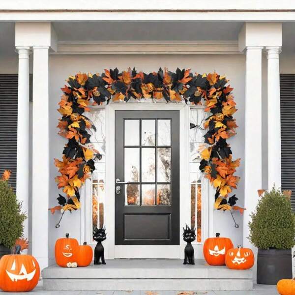 1 pieza Guirnalda de Halloween - Estilo gótico con hojas de arce, enredaderas de calabaza, decoración de arañas, crea un ambiente otoñal y de chimenea espeluznante