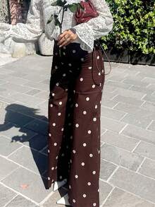 Women's Versatile Comfortable Polka Dot Zipper Long Pants, Straight Leg Y2K Style Trousers - Coffee Brown - View 1
