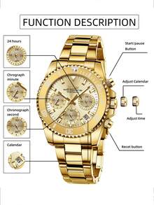 BIDEN 1 件女士手表，计时码表，防水，日历显示，不锈钢表带，时尚优雅石英女士手表 + 赠送钢带切割工具 + 赠送表盒 - 金色 - 查看 5