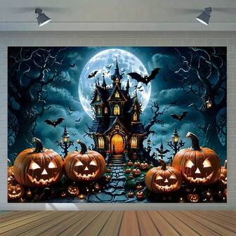 Decoratieve kunst Halloween achtergrondgordijnen - Spooknachtkasteel en pompoenlantaarn Pompoen wanddecoratie - Horrorvleermuis en volle maan huisdecoratiebanner, geschikt voor Halloween-themafeestbenodigdheden en foto-rekwisieten