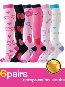 6 Pairs Women Heart Pattern Compression Socks, Long Leg Socks, Calf High Nurse Socks, Gift For Mother's Day, Valentine's Day, Y2k, Cozy - Multicolor - View 3