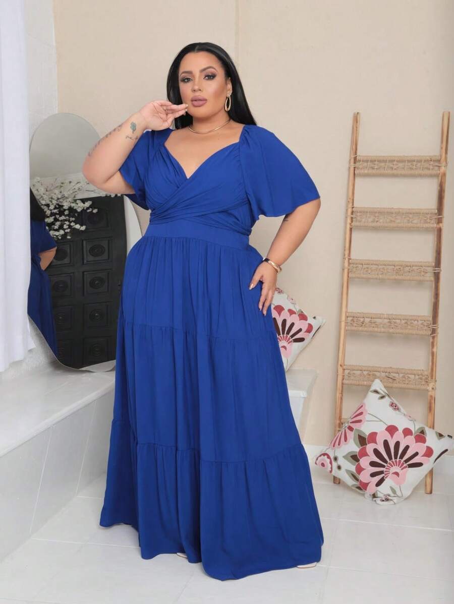 Women's Long Plus Size Dress With Wrap Around Front, Party Fashion - 寶藍色 - 查看 1