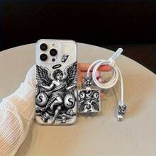 5 件套复古天使翅膀创意图案套装，包含 1 个手机壳、1 个充电器壳、2 个数据线壳、1 个数据线绑带，适用于 16/16 Pro/16 Pro Max/16 Plus/11/11 Pro/11 Pro Max/12/12 Pro/12 Pro Max/13/13 Pro/13 Pro Max/14/14 Pro/14 Plus/14 Pro Max/15/15 Pro/15 Plus/15 Pro Max 数据线保护器充电器配件手机配件