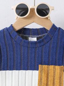 2pcs/Set Boys' Casual Cute Striped Patchwork Top And Denim Long Pants Outfit, Autumn/Winter