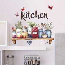 Self-Adhesive Kitchen Wall Sticker - Tropical Plants & Leaves Pattern, Multi-Surface Plastic Decal Suitable For Glass Bottles, No Residue Home Decor (Asymmetrical Shape, Glossy Effect), Kitchen Wall Sticker, Vibrant Butterfly Pattern Wallpaper Wall Paper Wall Stickers Wall Decor Room Decor Wallpaper Stickers Wall Bedroom Decor Kitchen Decor Halloween Halloween Decor