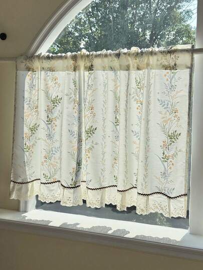 1 pieza Cortina corta con estampado floral y cenefa, y cortina para café, cortina semitransparente con estampado de hojas minimalista + borde de encaje blanco para puerta, decoración del hogar/cocina, combinación de ventana vintage, decoración de habitación/pared/cocina, decoración navideña y de Halloween