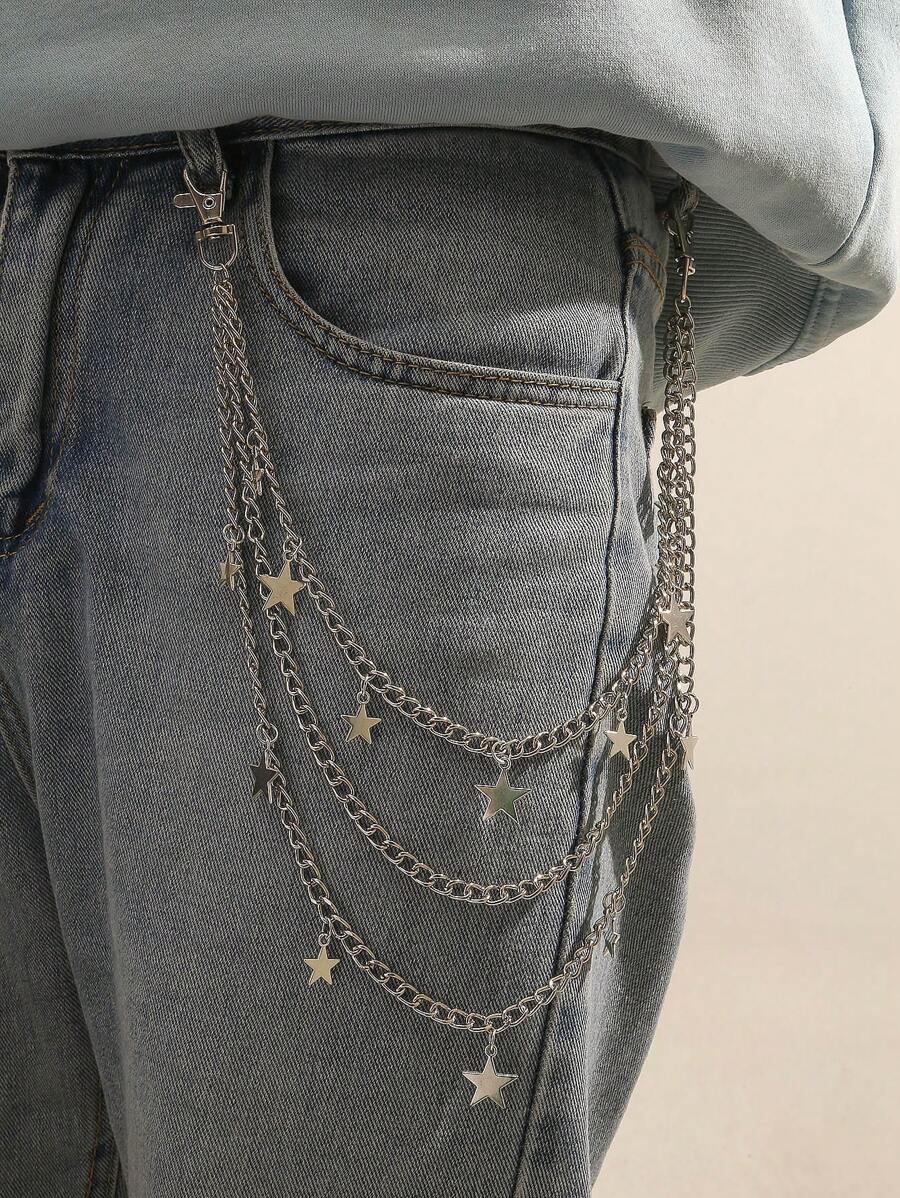 1pc Men's Star Pendant Metal Triple Layer Pants Chain, Streetwear Punk Style Unisex Accessory