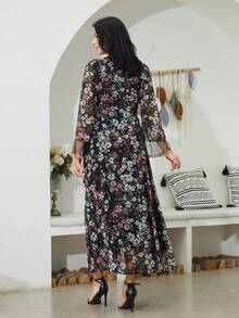 女士雪纺花卉印花V领长袖优雅卡夫坦连衣裙 - NC105 - 查看 4