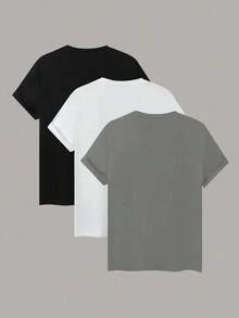 3pcs  set pack conjunto camiseta casual de mujer de unicolor, cuello redondo, manga corta, versátil - Gris Oscuro - Ver 2