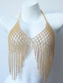 女士奢华闪亮水晶身体链、流苏水钻比基尼胸链、贴身衣物配饰 - 金色 - 查看 3