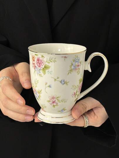 1pc Vintage British Floral Ceramic Coffee Mug, Luxury Gold Rim High Waist Cup, Home Afternoon Tea Mug, Office Water Cup, Breakfast Milk Cup, Beverage Cup, Gift Couple Cup Back To School